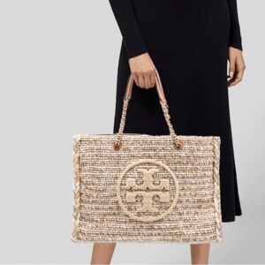 Tory Burch Beige and White Ella Raffia Tote
